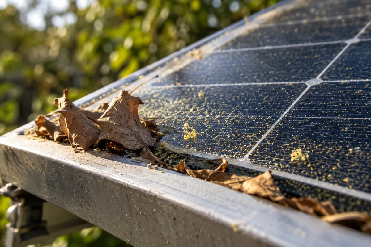 Feuilles sèches et pollen jaune déposés sur le verre d’un panneau solaire, en gros plan