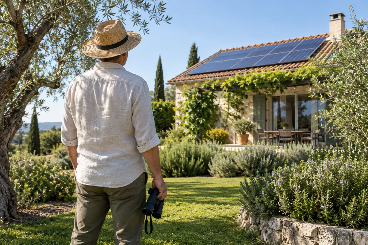 Jardinier vu de dos observant les panneaux solaires de son toit depuis la pelouse
