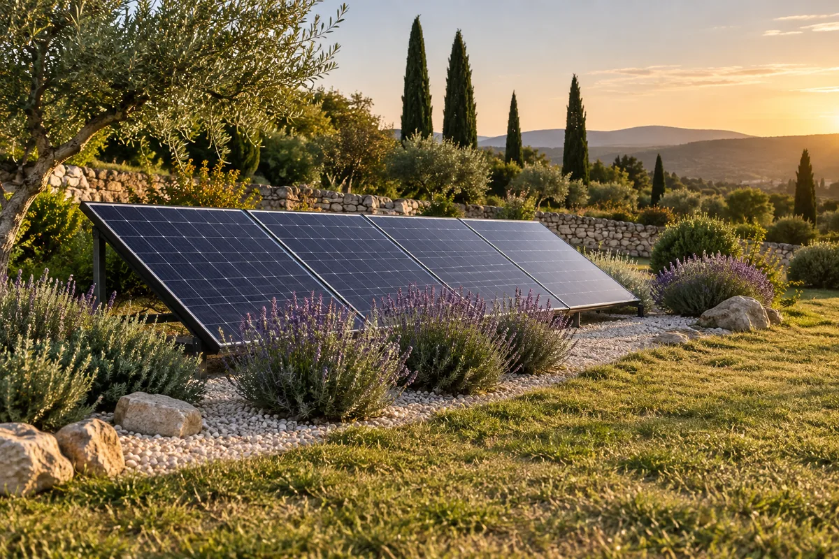Panneaux solaires posés au sol au fond d’un jardin méditerranéen planté de lavandes
