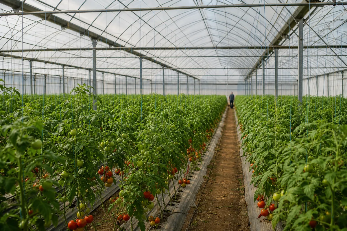 Rangs de légumes cultivés sous serre dans une exploitation maraîchère