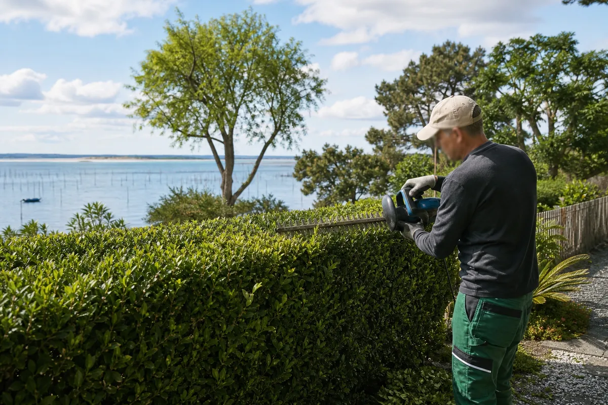 Ouvrier paysagiste taillant une haie dans un jardin en bord de bassin