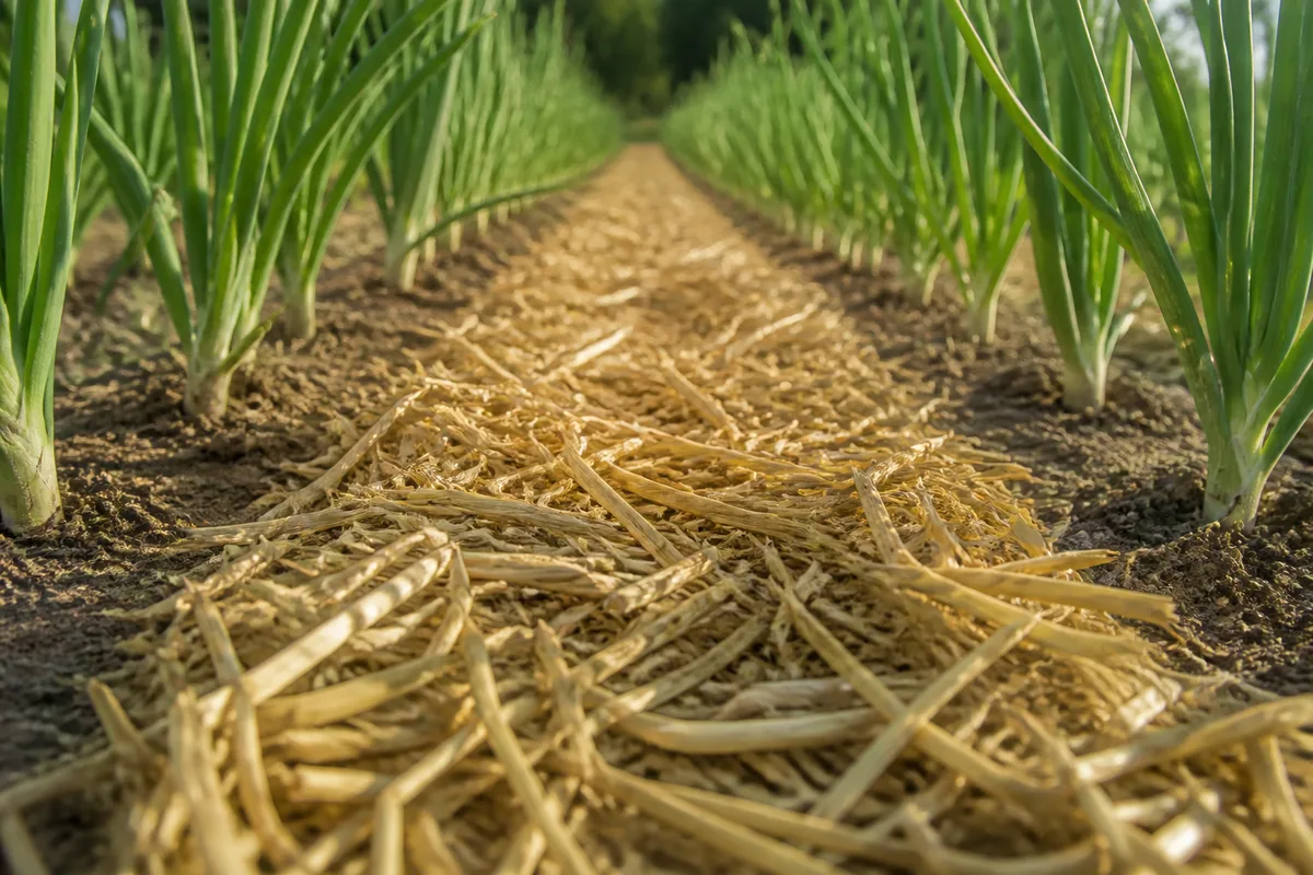 Paille de céréale étalée entre deux rangs d&rsquo;oignons, collets dégagés