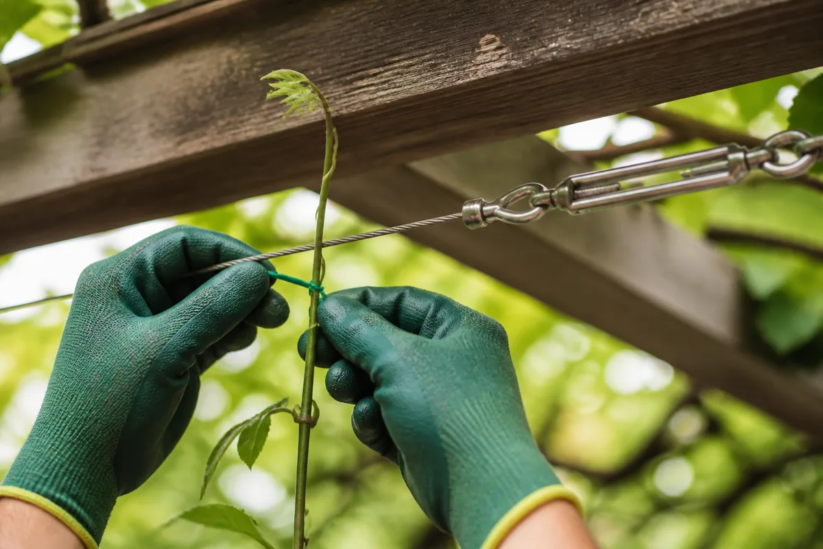 Mains gantées attachant une tige de grimpante à un câble inox sous une pergola en bois