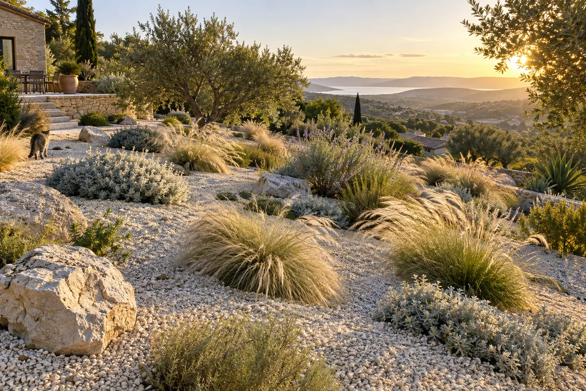 Jardin sec paillé de gravier où des graminées ondulent au vent