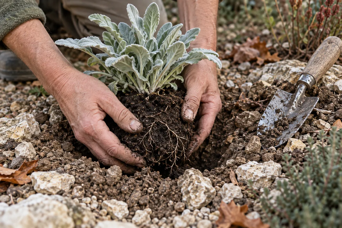 Mains plantant une jeune vivace dans un sol caillouteux