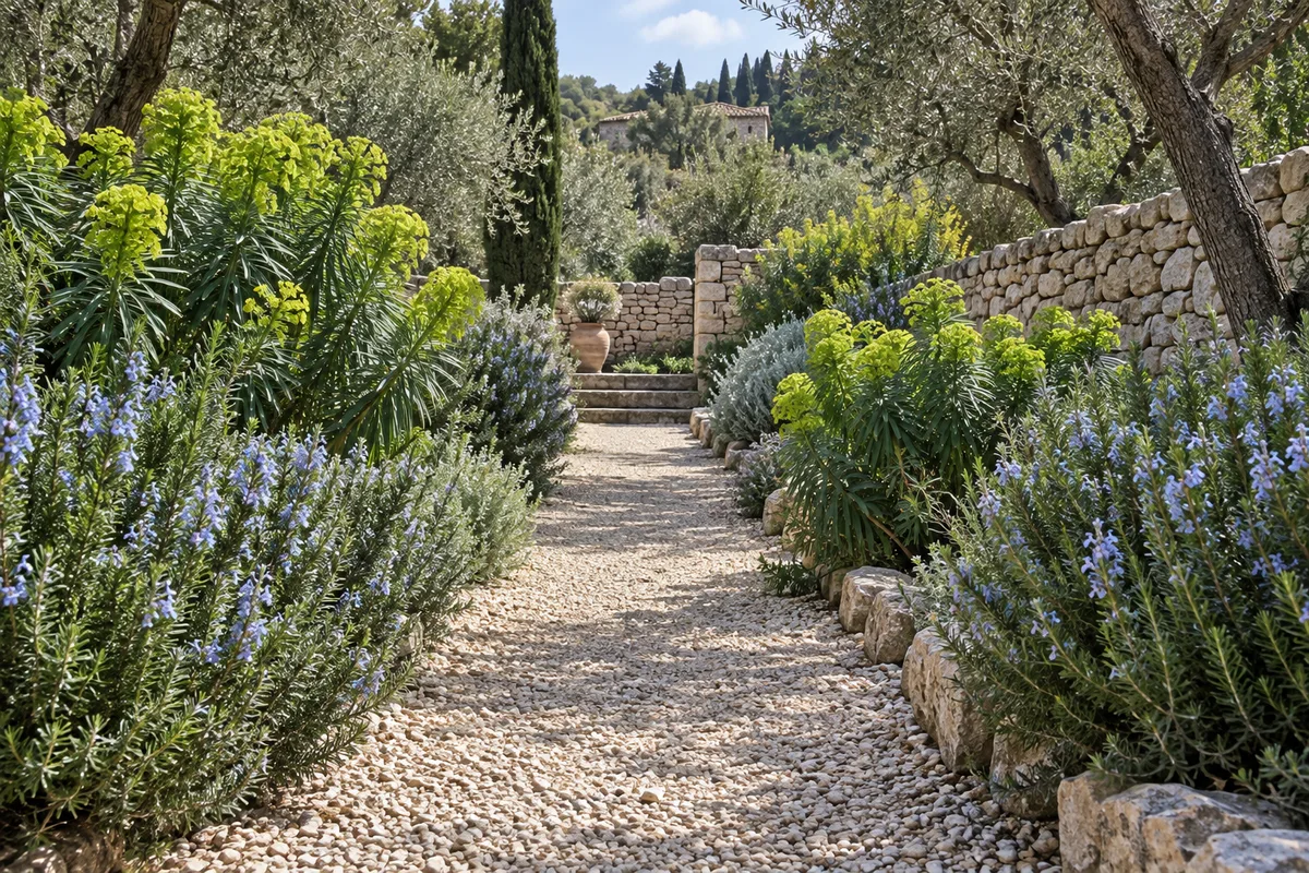 Allée de jardin bordée d&rsquo;euphorbes et de romarins